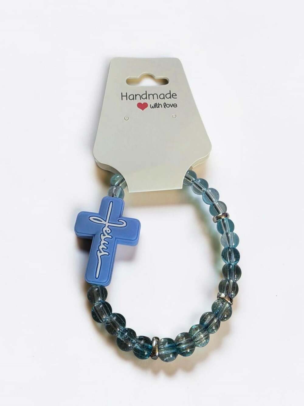 Blue Jesus Cross Beaded Stretch Bracelet